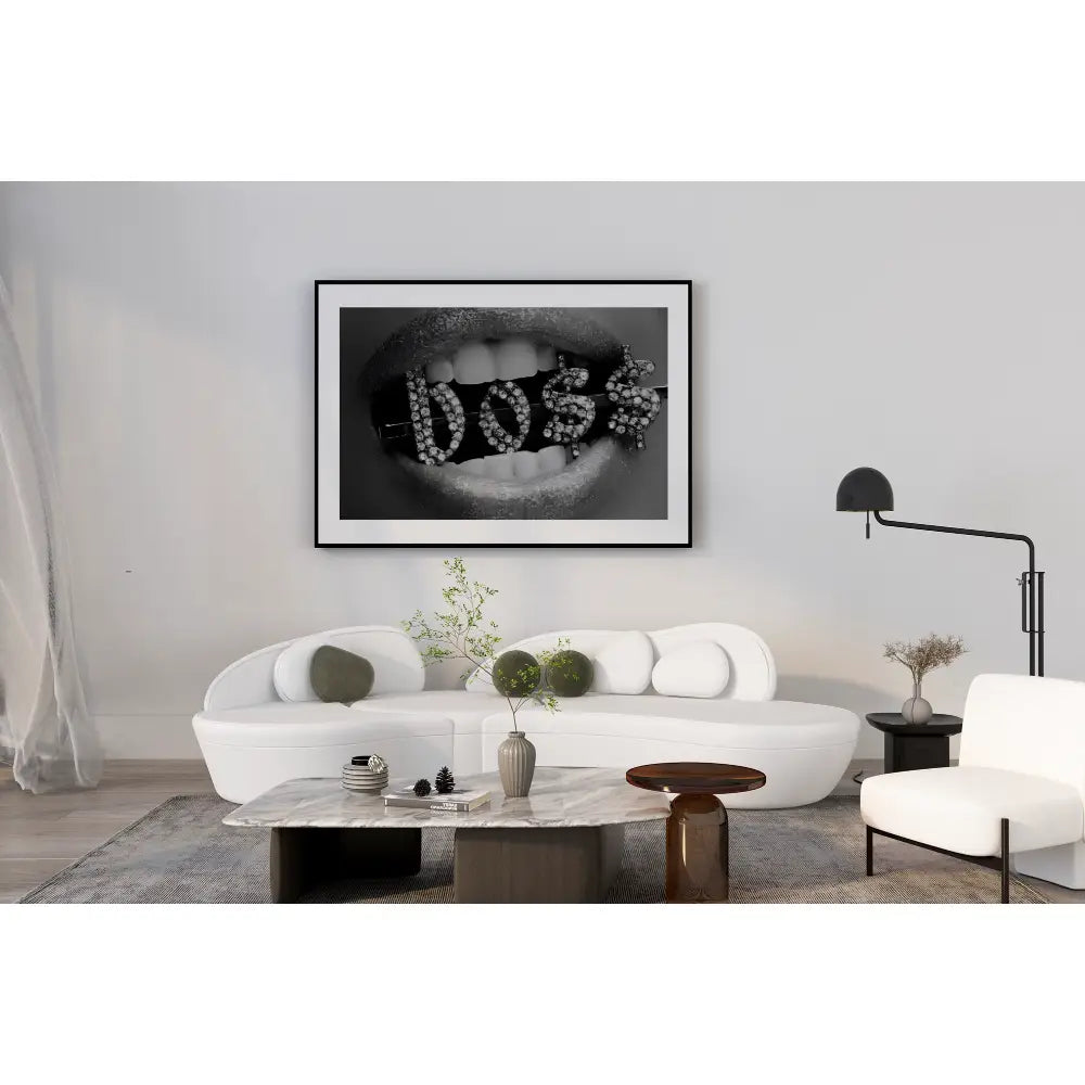 Modern living room with a white sofa, coffee table, and decorative items.