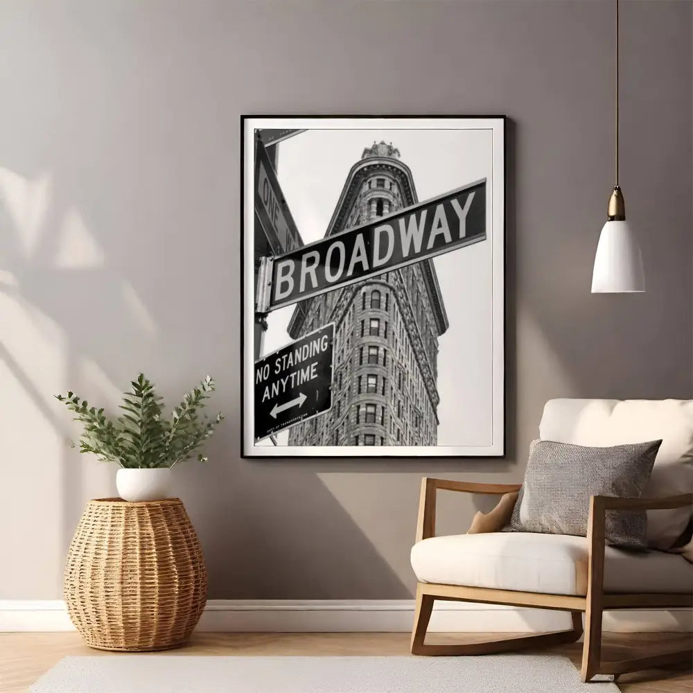 Framed artwork of a Broadway street sign in a living room setting.