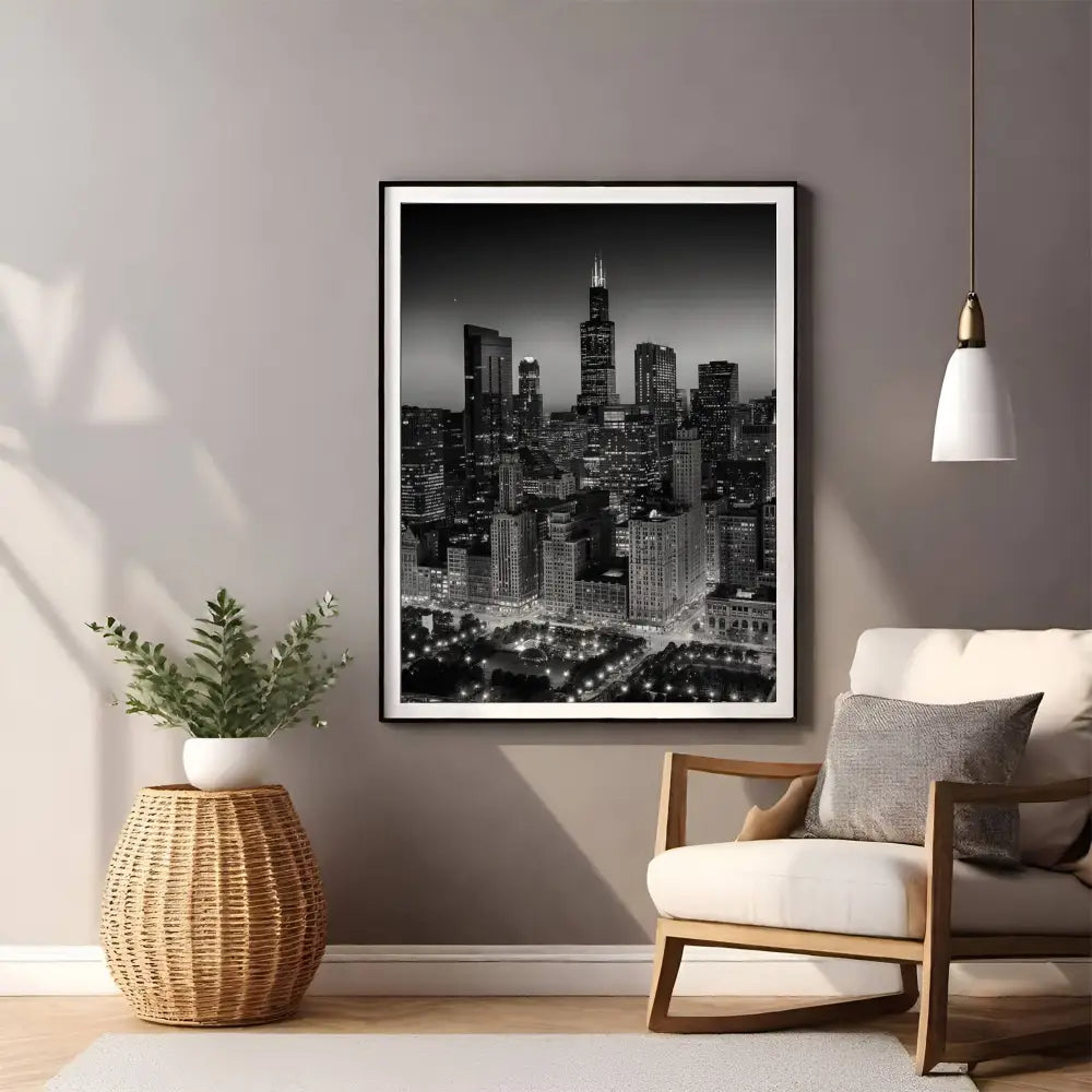 Framed cityscape print on a wall above a chair and side table in a living room.