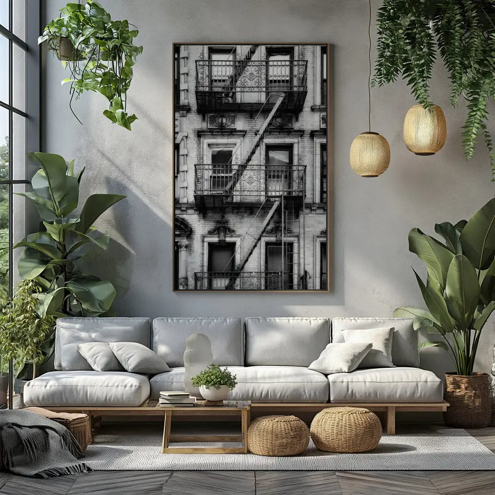 Modern living room with a gray sofa, plants, and a black and white abstract painting.