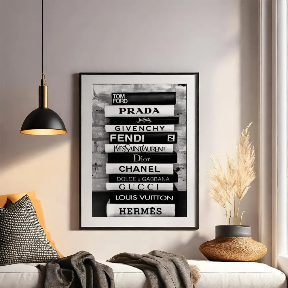 Framed poster with luxury brand names on a wall above a sofa.