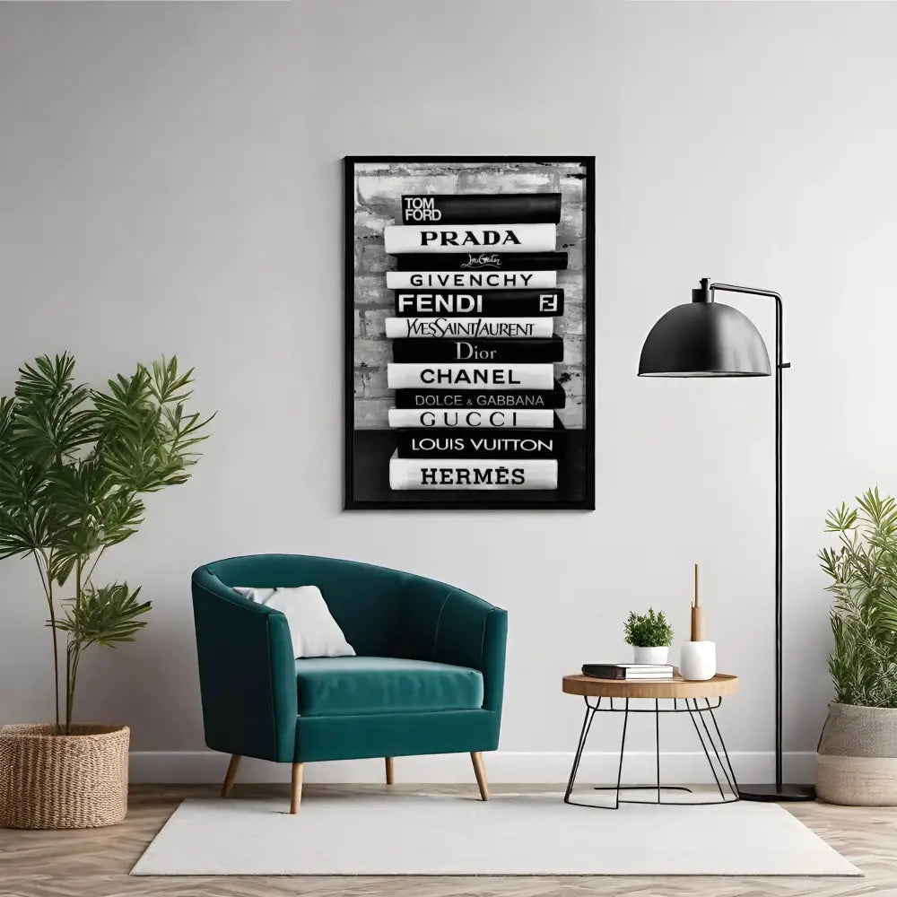 Living room with teal armchair, framed poster of luxury brand names, and decorative plants.
