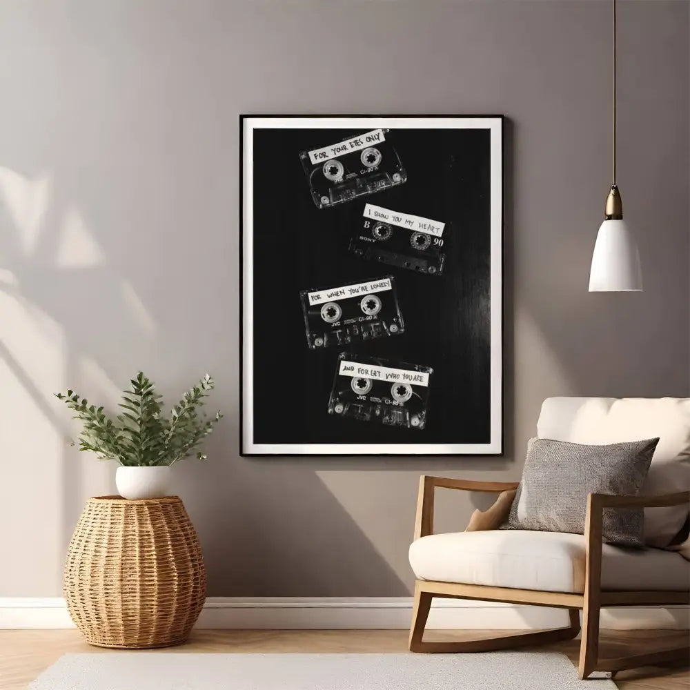 ’For Your Eyes Only’ Cassette Tape Monochrome Art Print – Instant Download - Digital Download