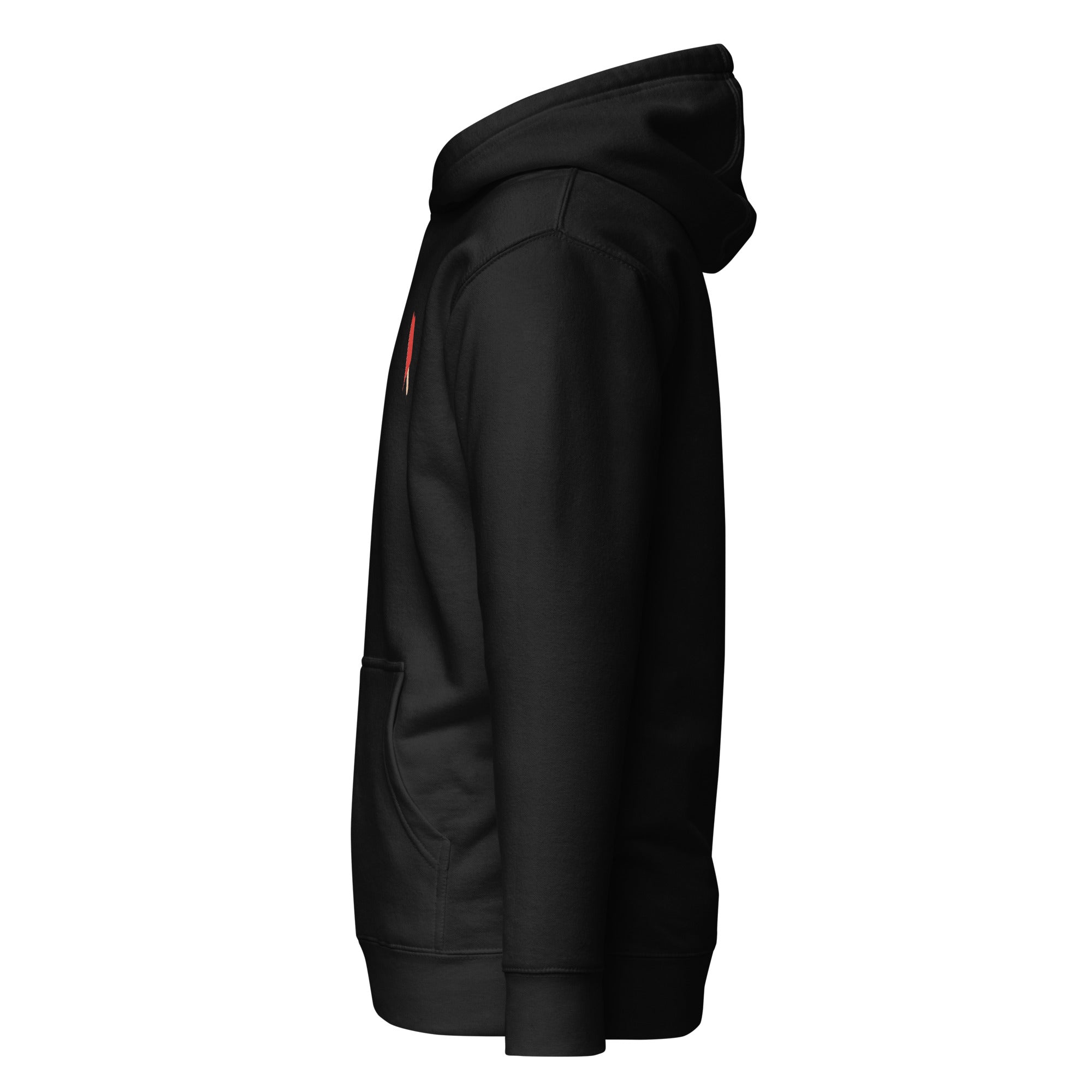 Black hoodie with a yellow logo on the chest against a white background