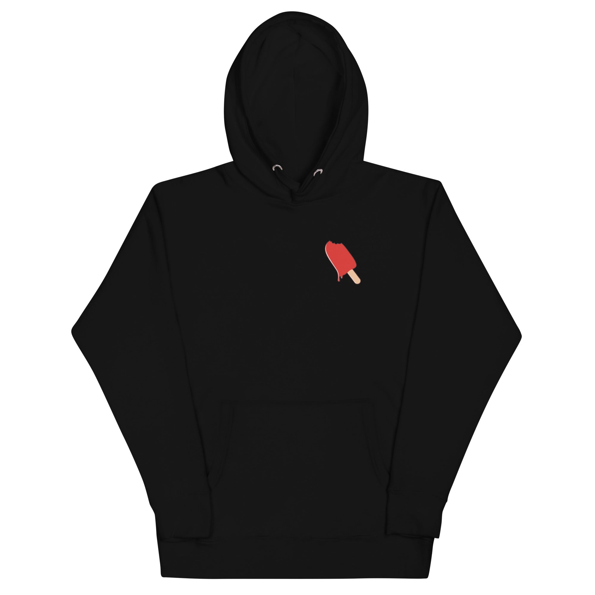 Black hoodie with a small orange logo on a white background