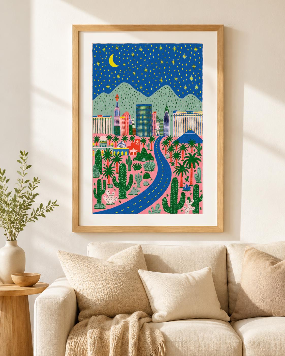 Whimsical Las Vegas Skyline Print, Retro Desert City Wall Art (Digital Download)