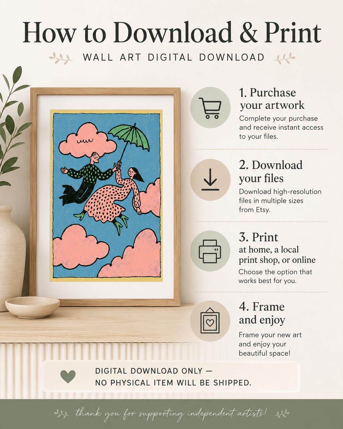 Flying Couple Wall Art, Pink Cloud Print, Whimsical Romantic Poster (Digital Download)