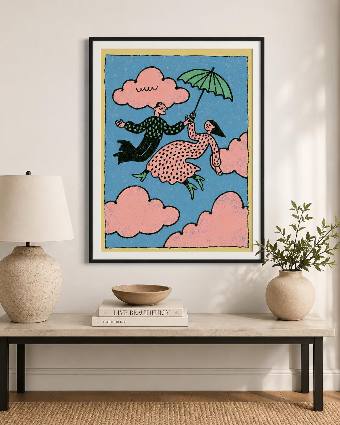 Flying Couple Wall Art, Pink Cloud Print, Whimsical Romantic Poster (Digital Download)