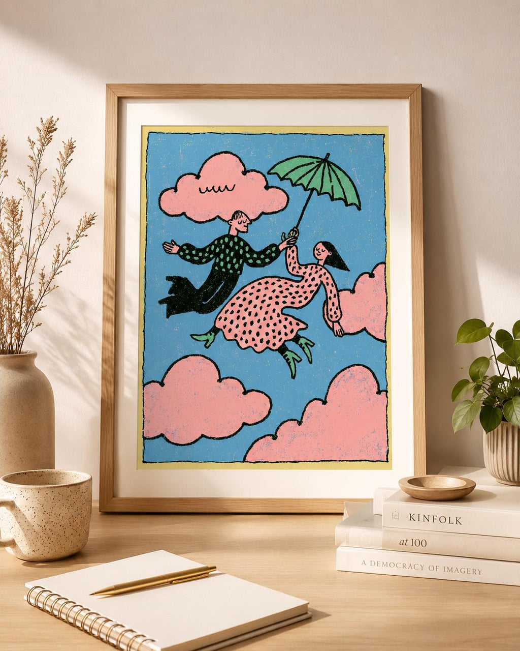 Flying Couple Wall Art, Pink Cloud Print, Whimsical Romantic Poster (Digital Download)