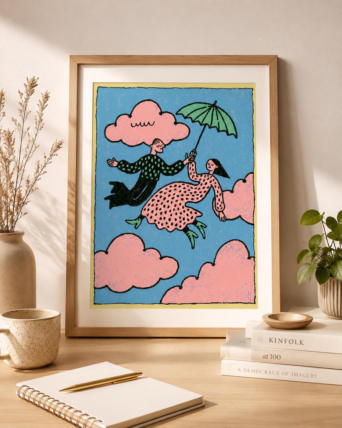 Flying Couple Wall Art, Pink Cloud Print, Whimsical Romantic Poster (Digital Download)