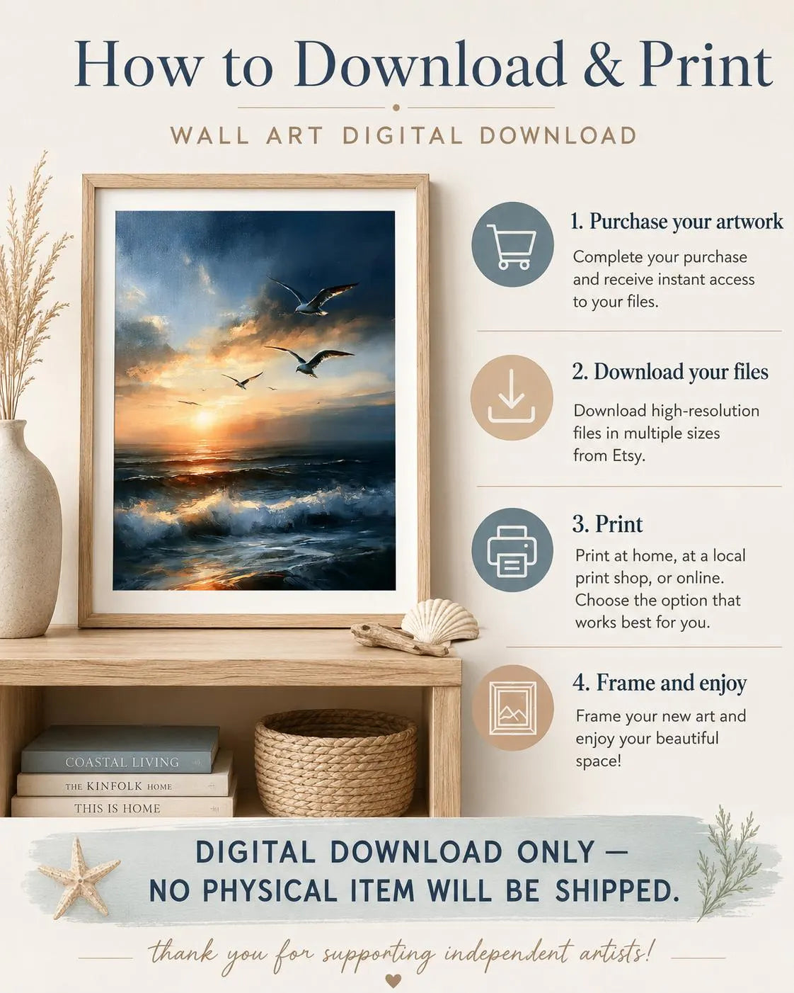 Ocean Sunset Wall Art, Seagull Coastal Print, Seascape Painting (Digital Download)