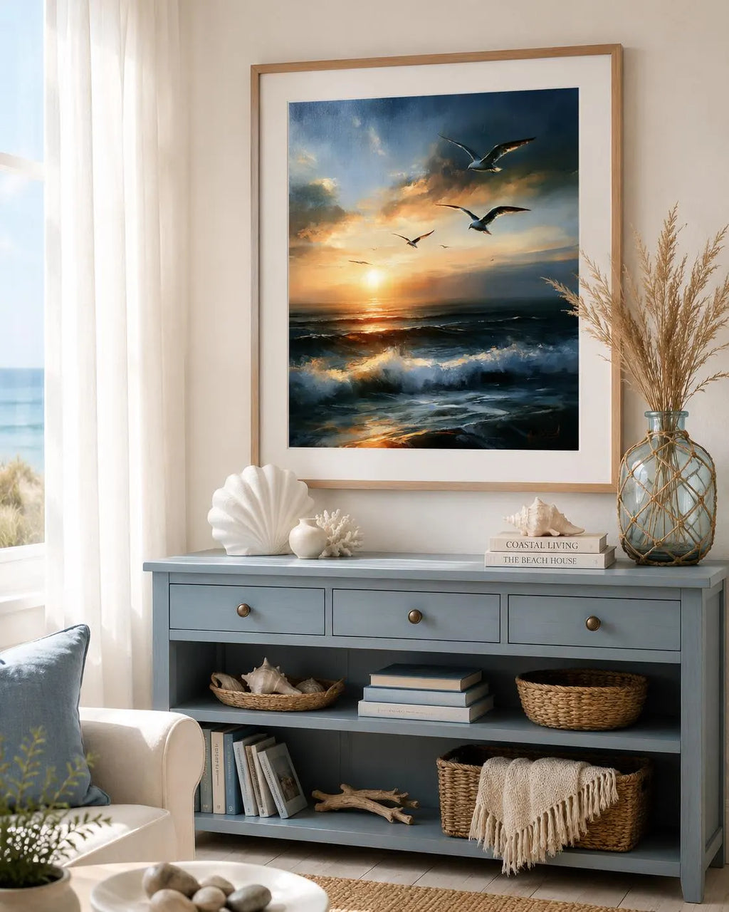 Ocean Sunset Wall Art, Seagull Coastal Print, Seascape Painting (Digital Download)