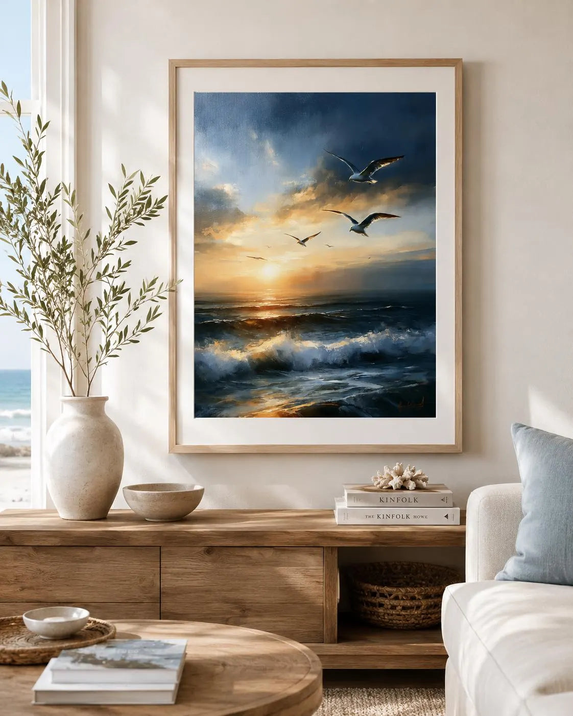 Ocean Sunset Wall Art, Seagull Coastal Print, Seascape Painting (Digital Download)