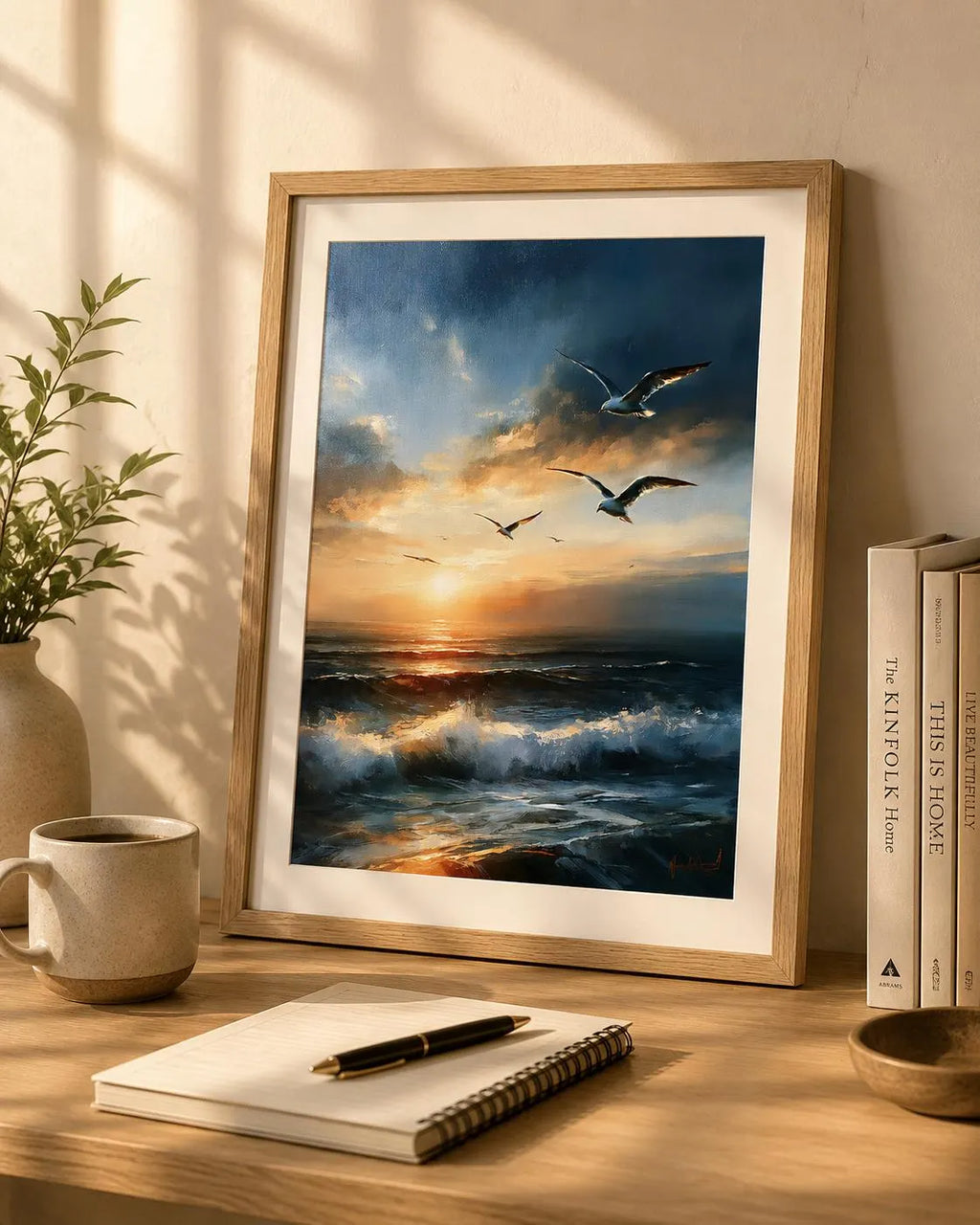 Ocean Sunset Wall Art, Seagull Coastal Print, Seascape Painting (Digital Download)