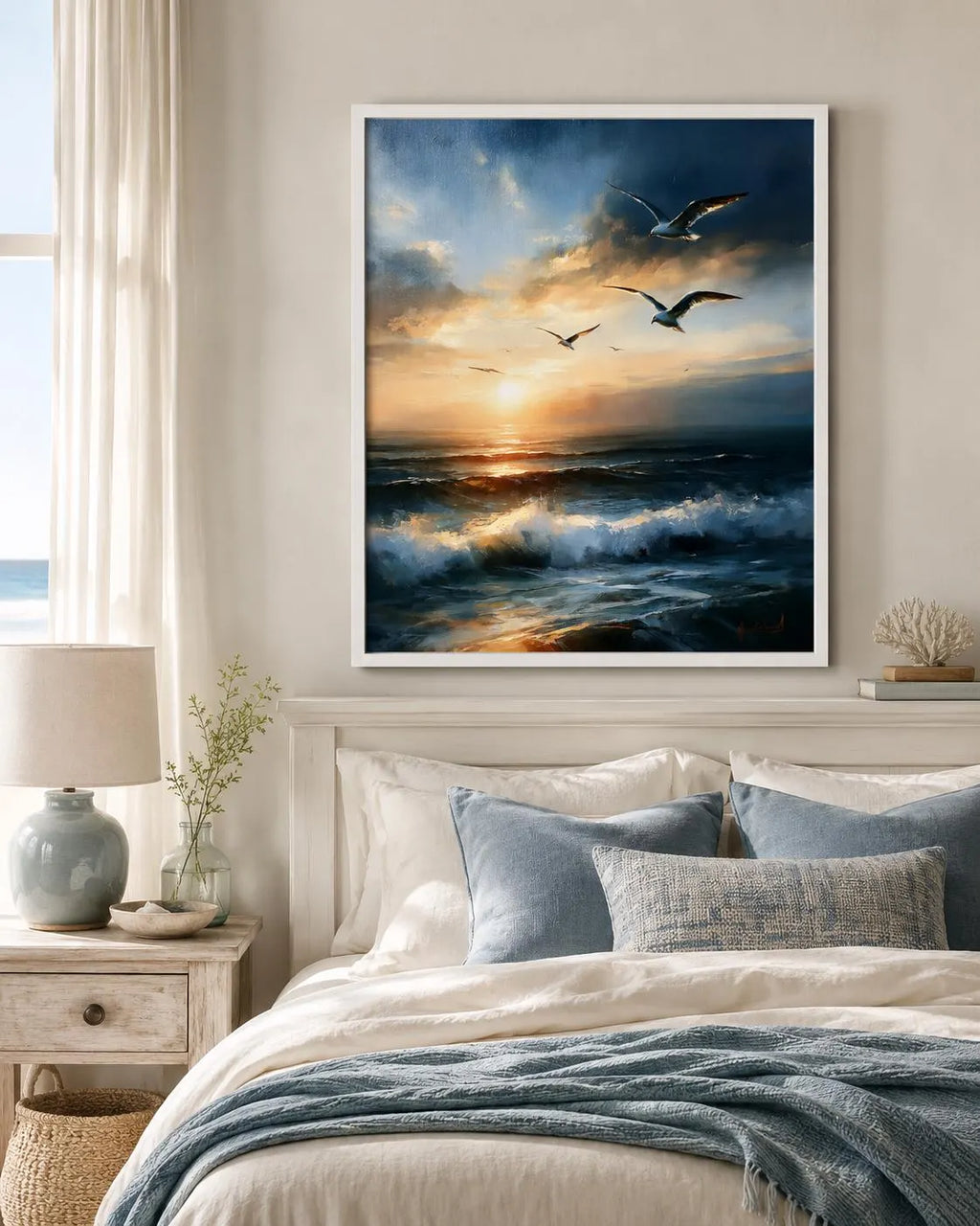Ocean Sunset Wall Art, Seagull Coastal Print, Seascape Painting (Digital Download)