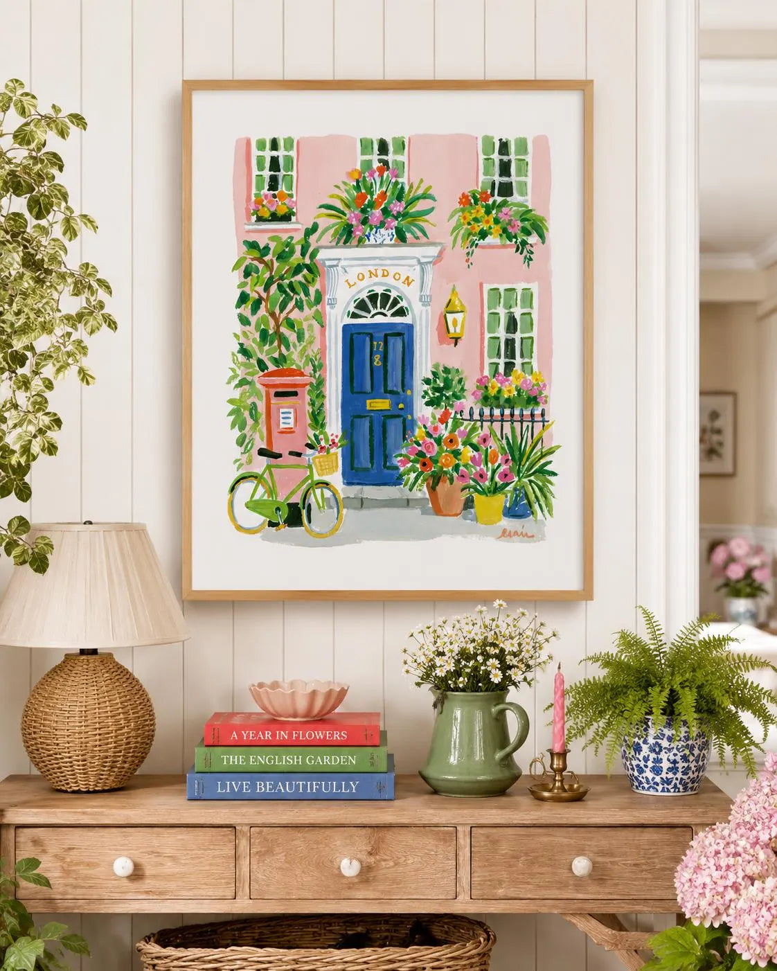 Pink London Townhouse Print, Blue Door Floral Cottagecore Art (Digital Download)