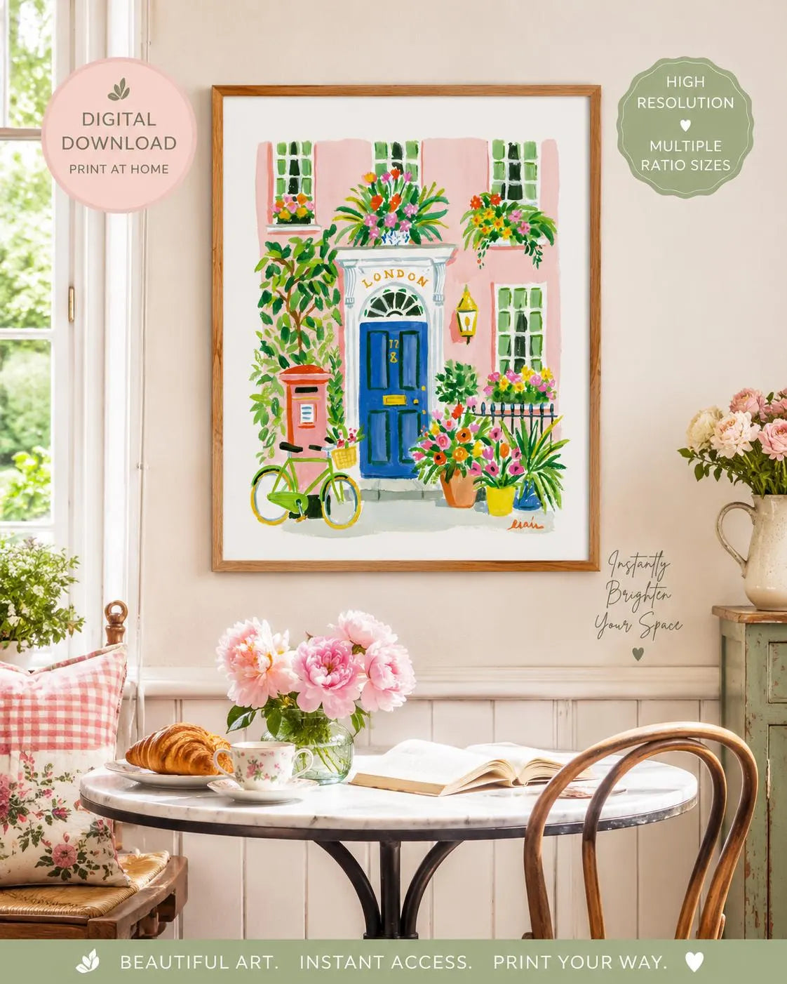 Pink London Townhouse Print, Blue Door Floral Cottagecore Art (Digital Download)