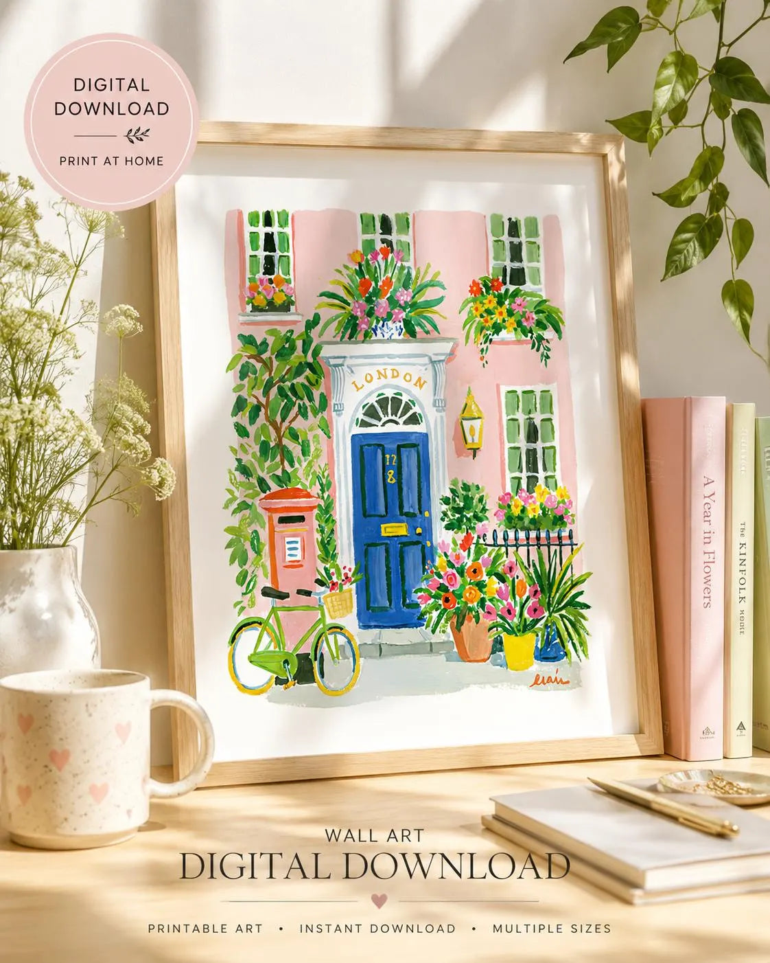Pink London Townhouse Print, Blue Door Floral Cottagecore Art (Digital Download)