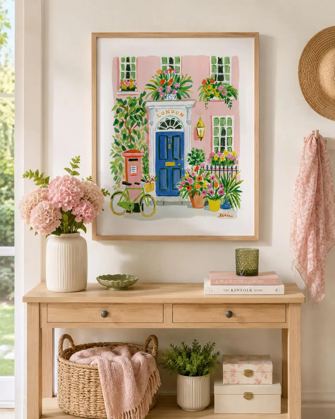Pink London Townhouse Print, Blue Door Floral Cottagecore Art (Digital Download)