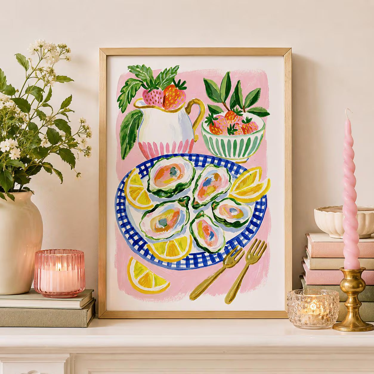 Oyster Strawberry Lemon Gouache Print, Coastal Kitchen Wall Art (Digital Download)