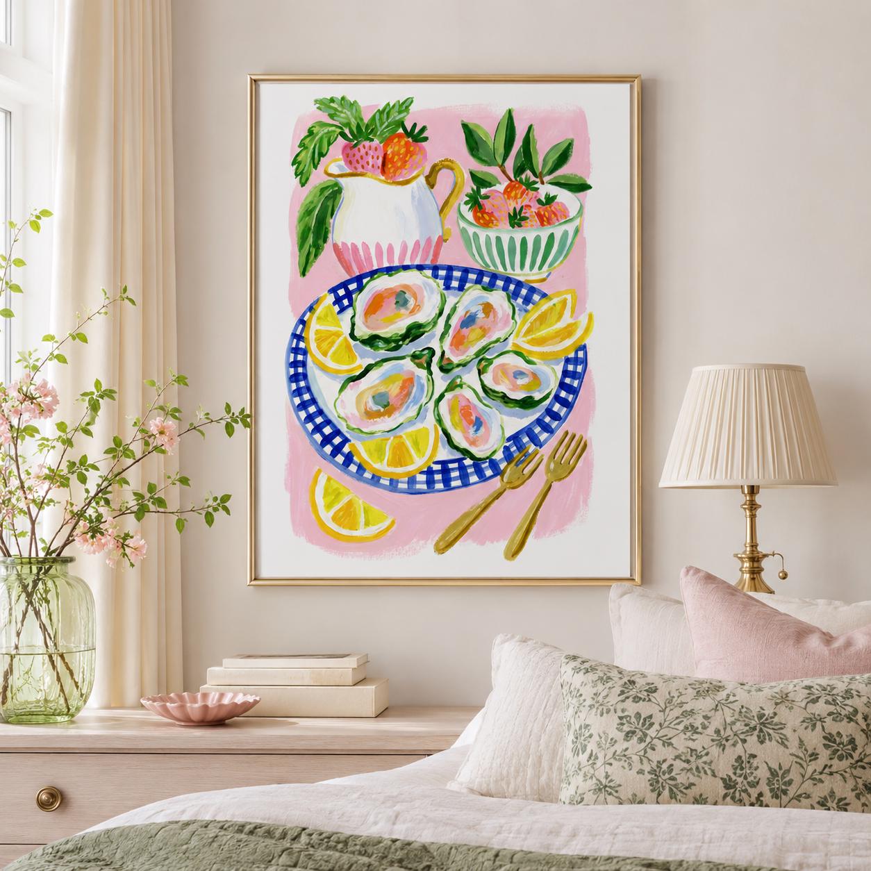 Oyster Strawberry Lemon Gouache Print, Coastal Kitchen Wall Art (Digital Download)