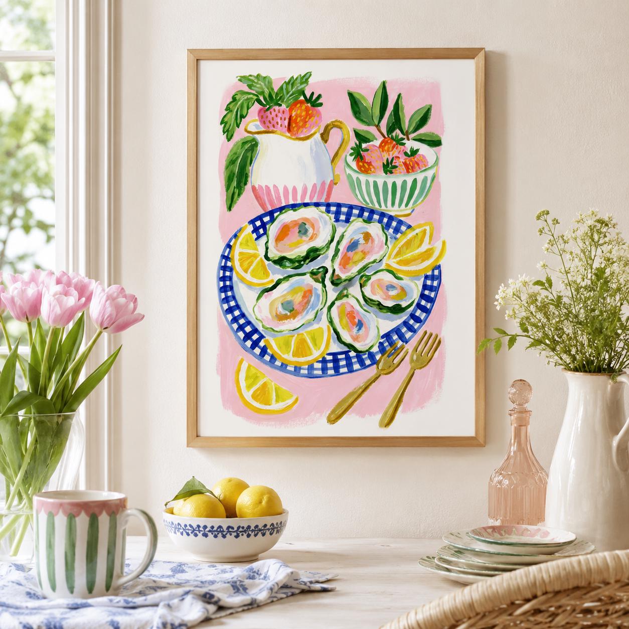 Oyster Strawberry Lemon Gouache Print, Coastal Kitchen Wall Art (Digital Download)