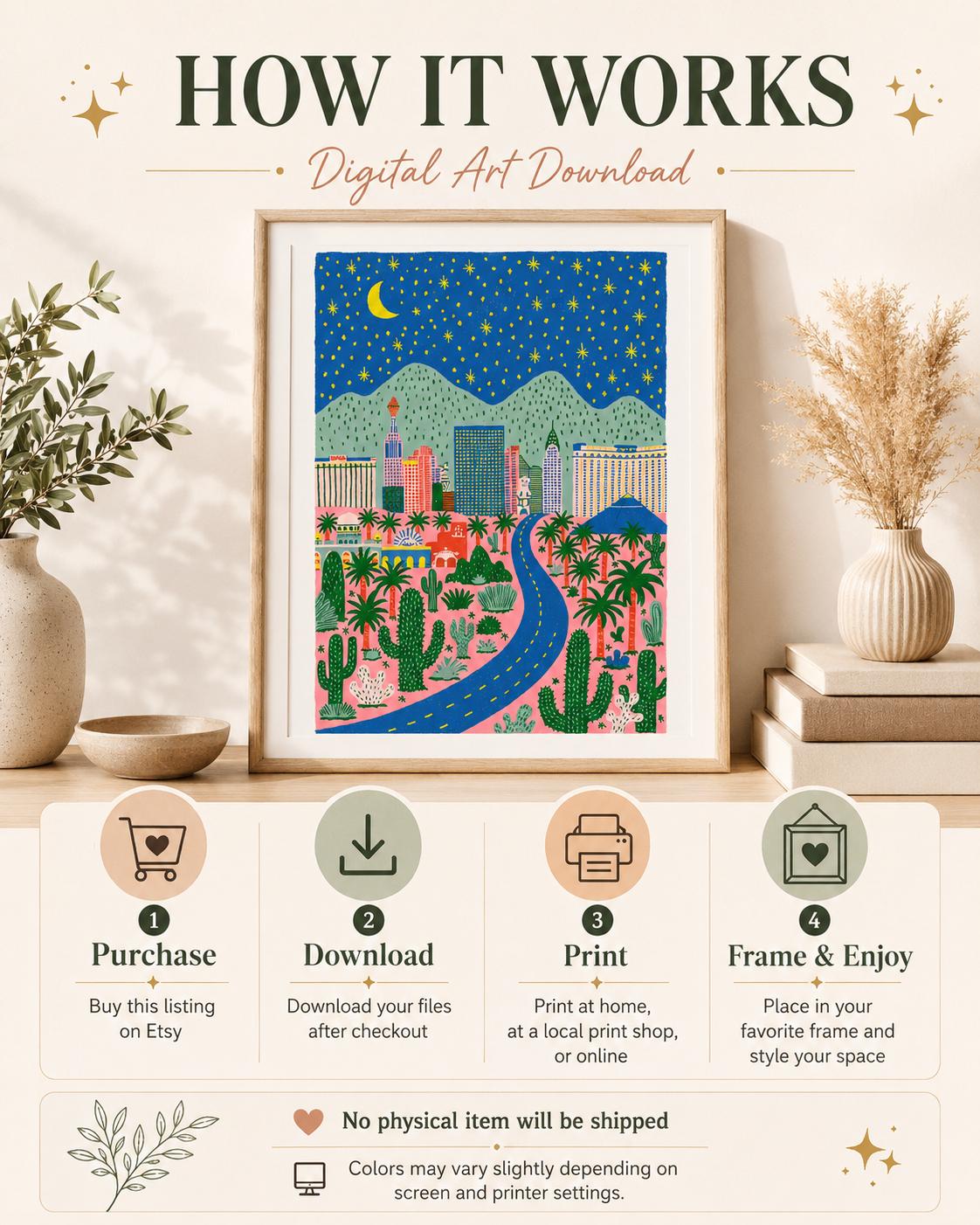 Whimsical Las Vegas Skyline Print, Retro Desert City Wall Art (Digital Download)