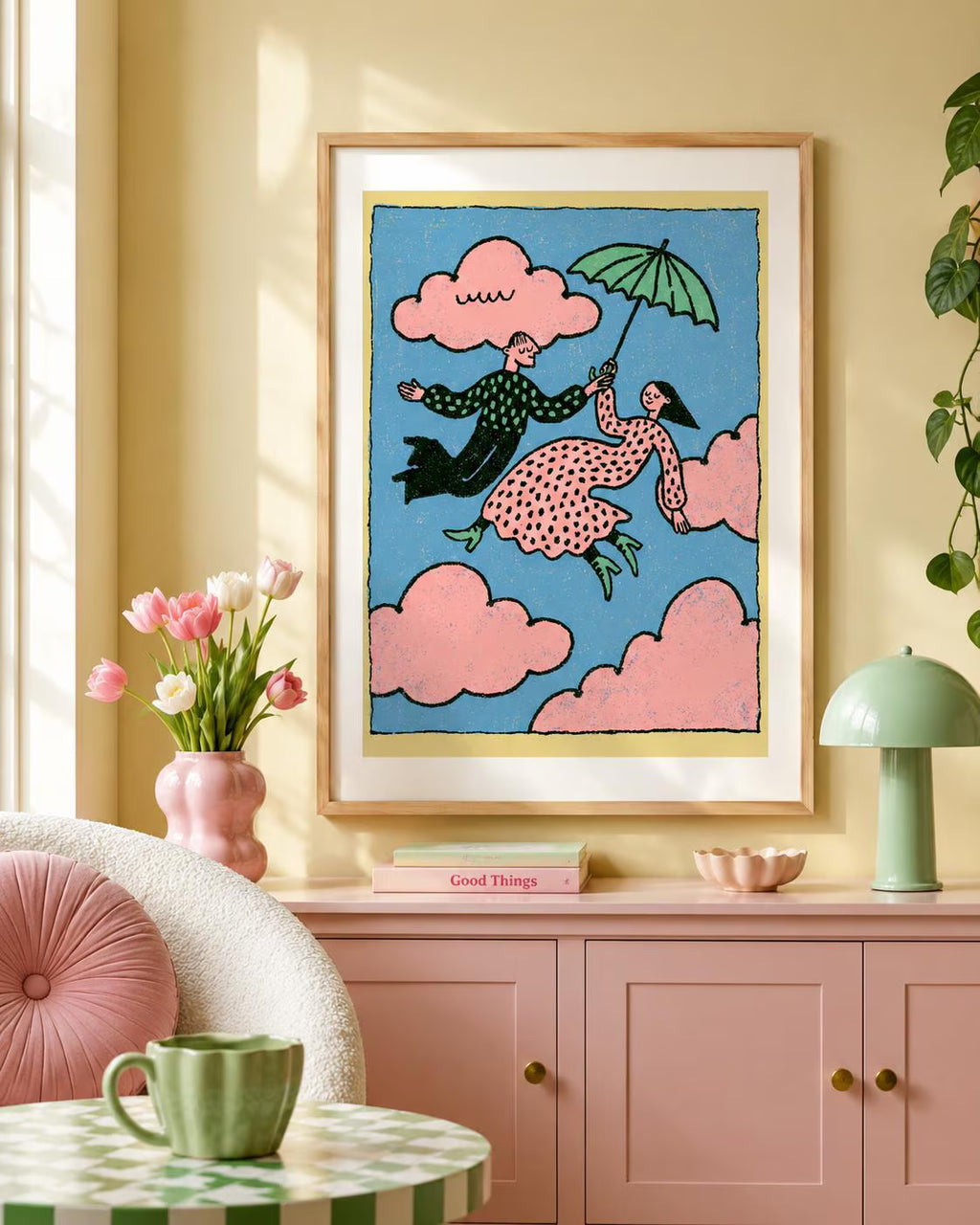 Flying Couple Wall Art, Pink Cloud Print, Whimsical Romantic Poster (Digital Download)