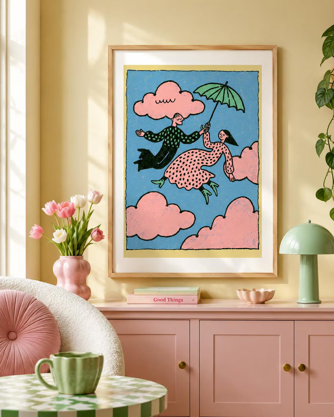 Flying Couple Wall Art, Pink Cloud Print, Whimsical Romantic Poster (Digital Download)