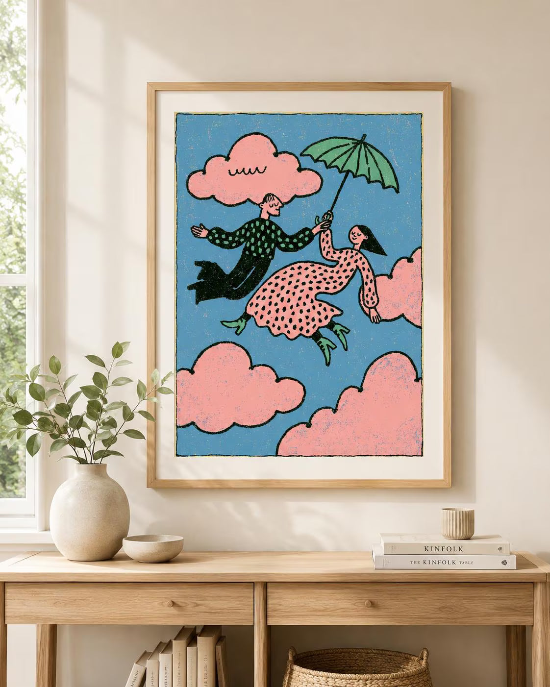 Flying Couple Wall Art, Pink Cloud Print, Whimsical Romantic Poster (Digital Download)