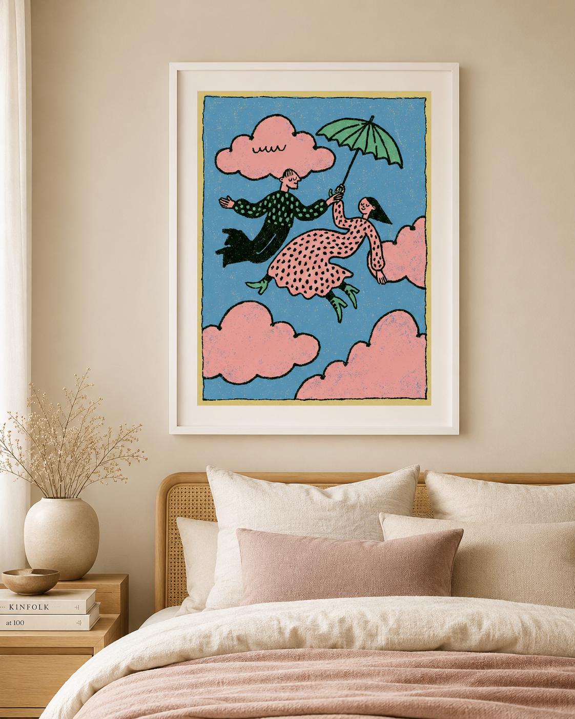 Flying Couple Wall Art, Pink Cloud Print, Whimsical Romantic Poster (Digital Download)