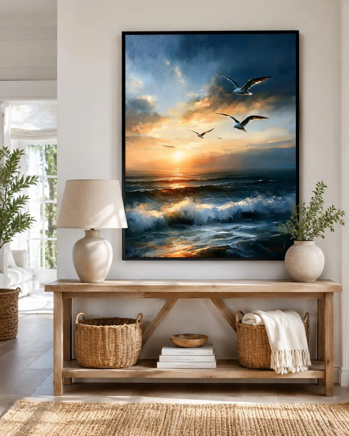 Ocean Sunset Wall Art, Seagull Coastal Print, Seascape Painting (Digital Download)