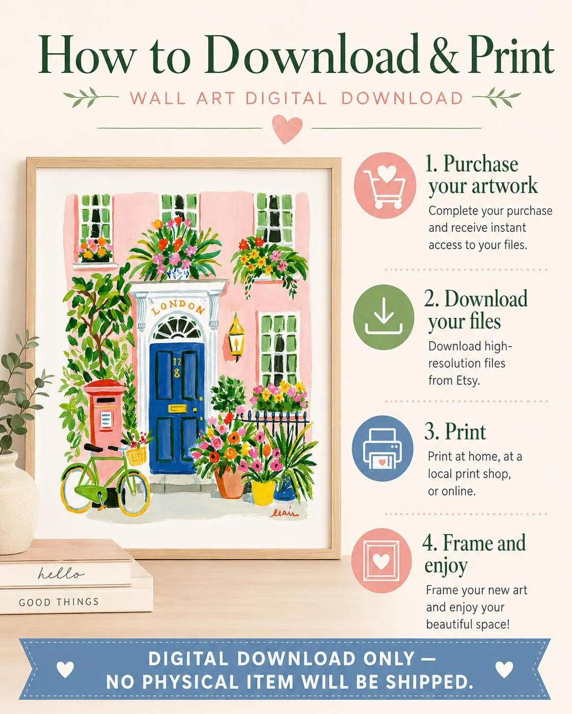 Pink London Townhouse Print, Blue Door Floral Cottagecore Art (Digital Download)