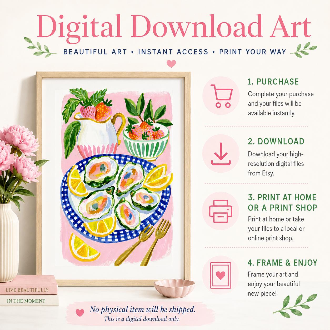 Oyster Strawberry Lemon Gouache Print, Coastal Kitchen Wall Art (Digital Download)
