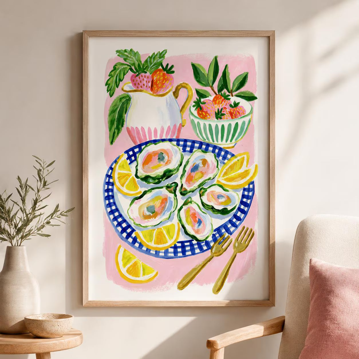 Oyster Strawberry Lemon Gouache Print, Coastal Kitchen Wall Art (Digital Download)