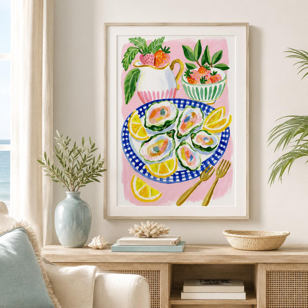 Oyster Strawberry Lemon Gouache Print, Coastal Kitchen Wall Art (Digital Download)