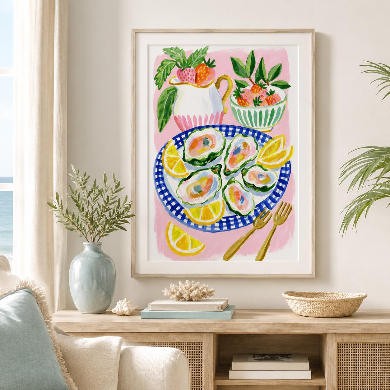 Oyster Strawberry Lemon Gouache Print, Coastal Kitchen Wall Art (Digital Download)