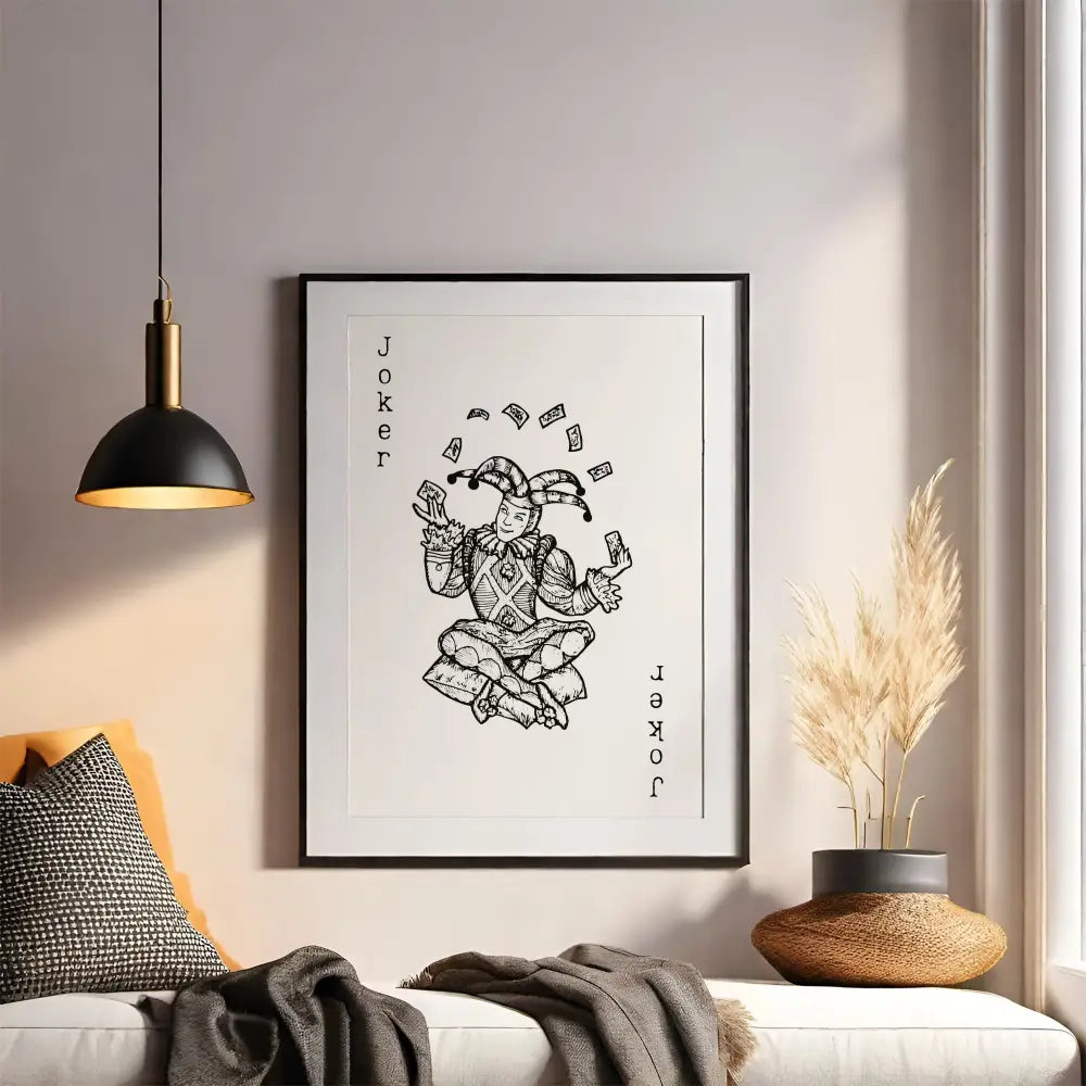 Framed artwork of a jester with 'Joker' text in a living room setting.