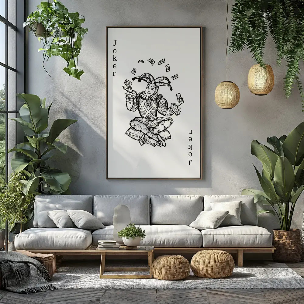 Living room with a gray sofa, plants, and a framed illustration of a jester on the wall.