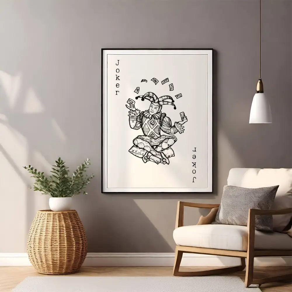 Framed artwork of a joker card in a living room setting with a plant and chair.