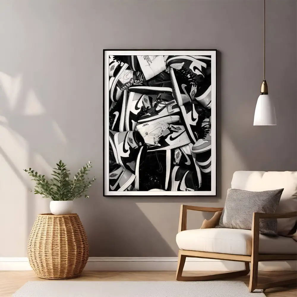 Abstract black and white artwork on a wall above a chair with a plant and side table.