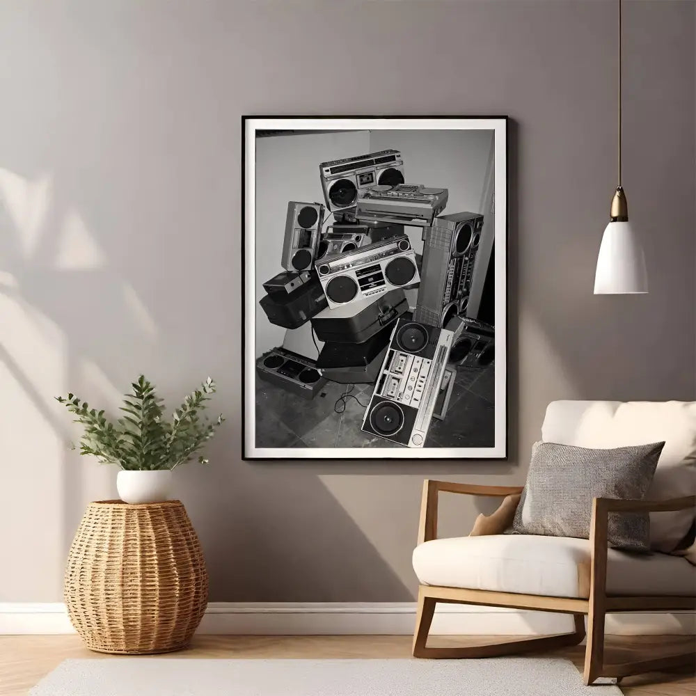 Framed artwork of vintage boomboxes in a living room setting with a plant and chair.