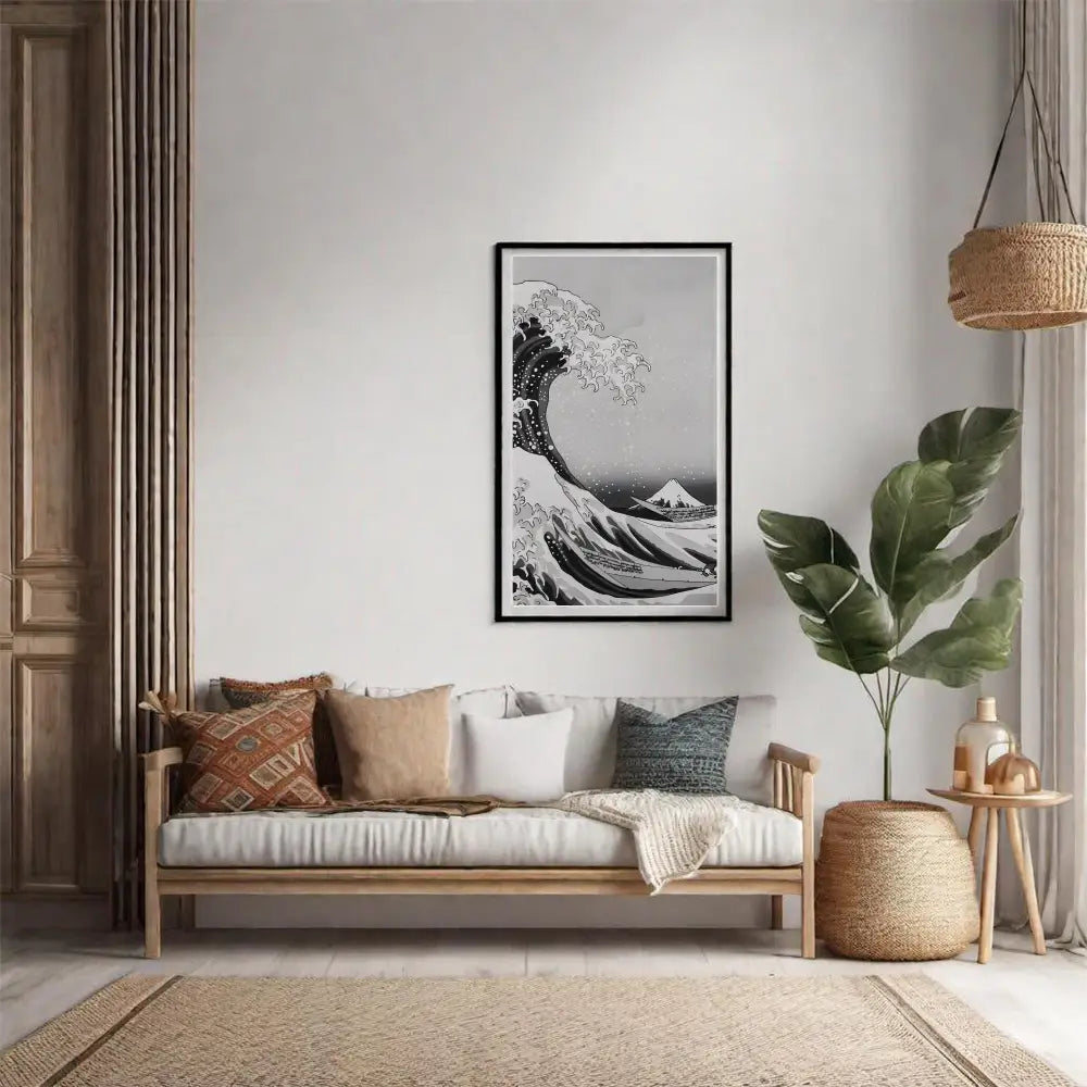 Living room with a wooden bench, cushions, a plant, and a framed artwork on the wall.