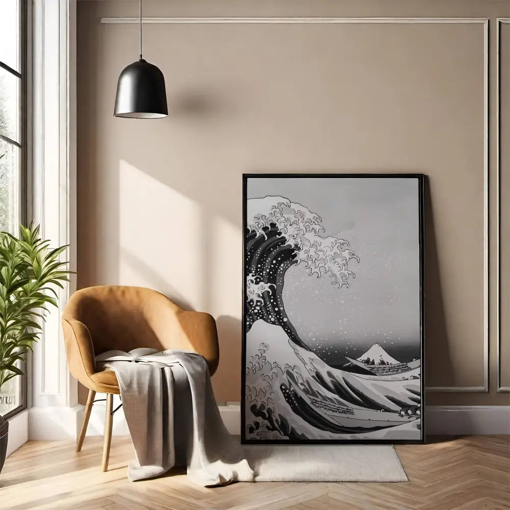 Framed artwork of a wave in a modern living room with a chair and plant.