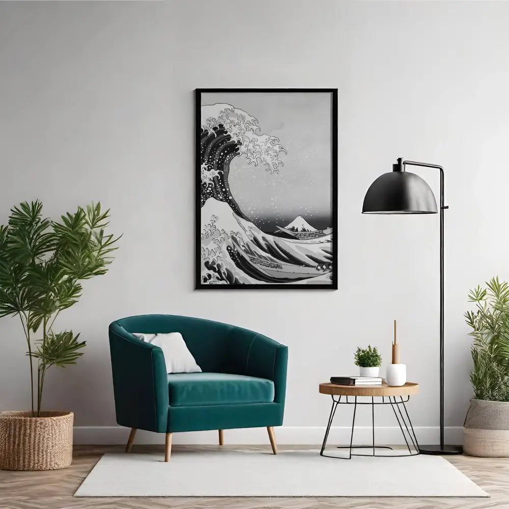 Modern living room with teal armchair, framed artwork, and plants.