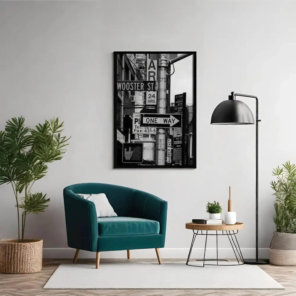 Modern living room with teal armchair, decorative plants, and framed artwork on the wall.