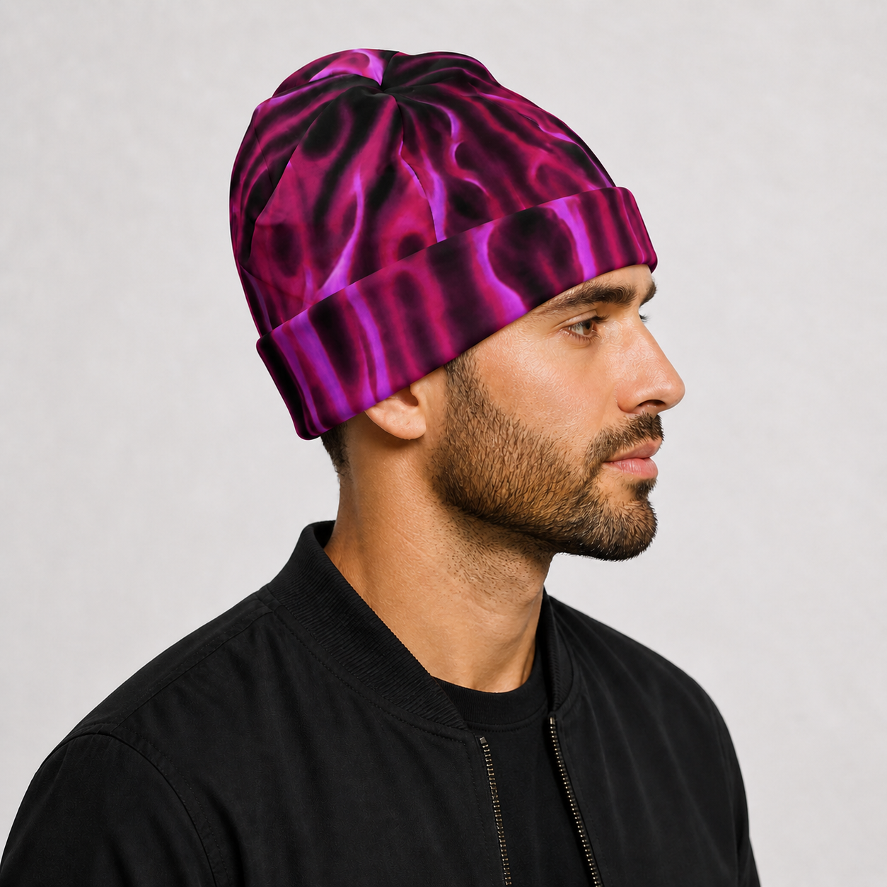 Pink flame all-over print beanie – bold knit hat – pixel + press - beanies