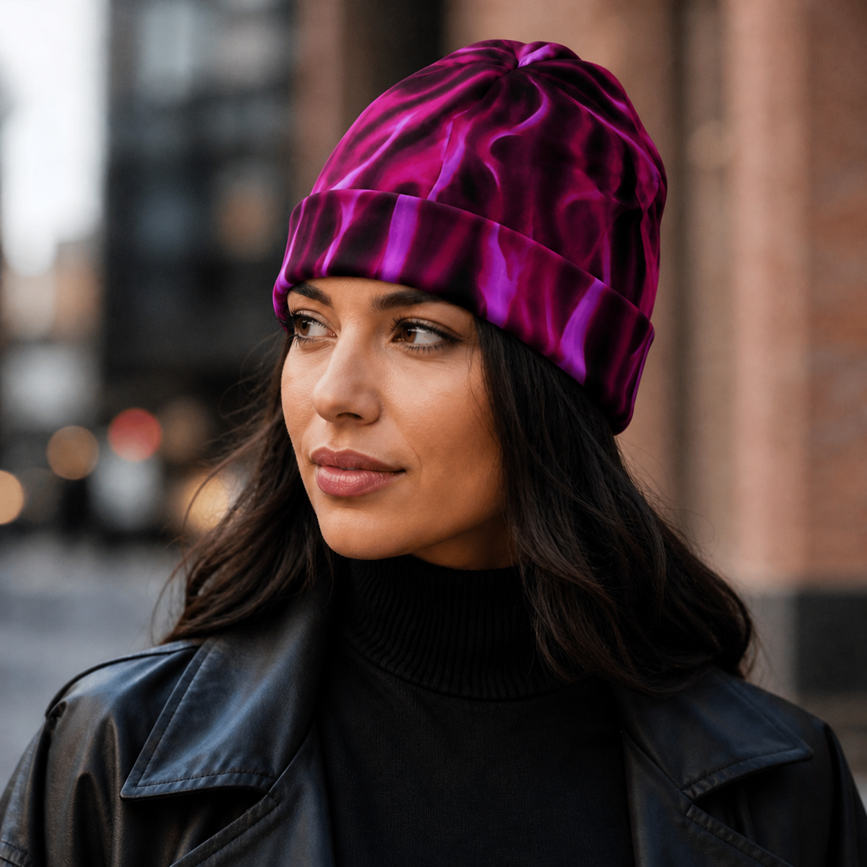 Pink flame all-over print beanie – bold knit hat – pixel + press - beanies