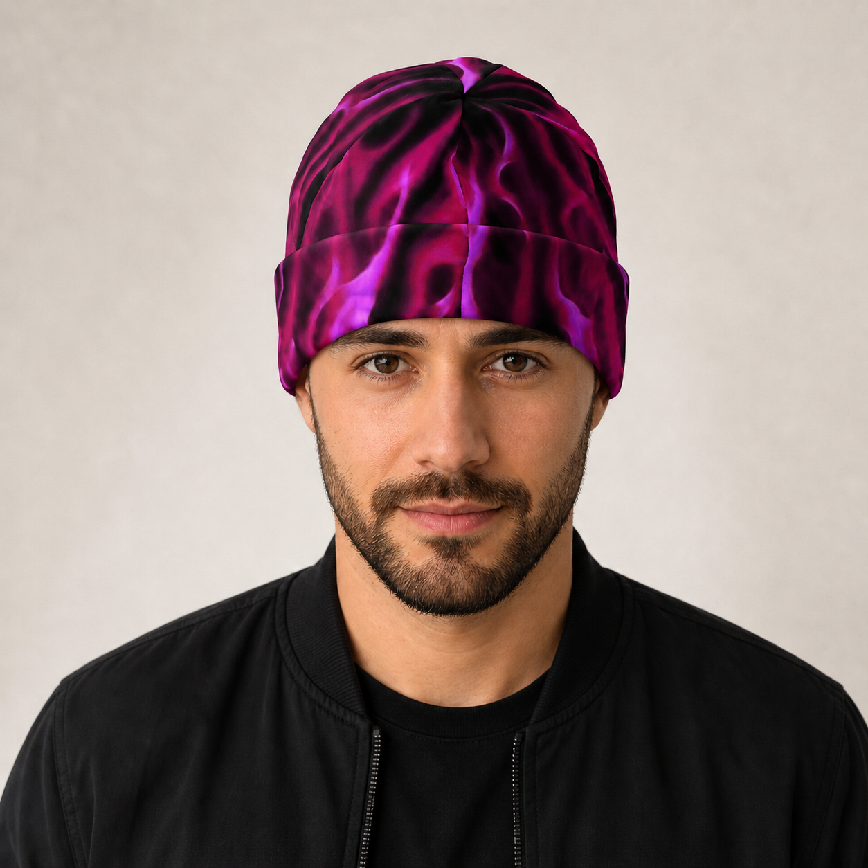 Pink flame all-over print beanie – bold knit hat – pixel + press - beanies