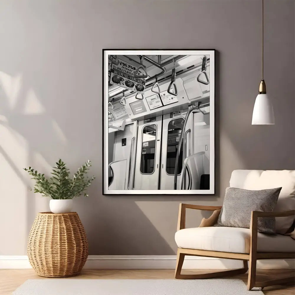 Framed black and white photo of a train interior in a living room setting.